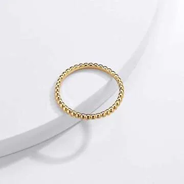 Valloey Rover 14K Gold Thin Beaded Rings, Full Bead Sterling Twisted Rope Wedding Band Stacking Ring for Women