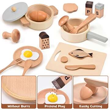 Atoylink Play Kitchen Accessories Wooden Toys Pots and Pans for Kids 23Pcs Montessori Kitchen Pretend Play Food Cooking Set for Toddler Boys Girls Age 2 3 4 5 Birthday Gifts