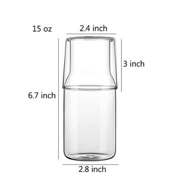 Sizikato 15 Oz Simple Clear Glass Bedside Night Water Carafe with Tumbler Glass, Set of 2