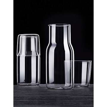 Sizikato 15 Oz Simple Clear Glass Bedside Night Water Carafe with Tumbler Glass, Set of 2