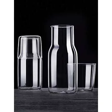 Sizikato 15 Oz Simple Clear Glass Bedside Night Water Carafe with Tumbler Glass, Set of 2