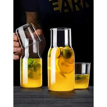 Sizikato 15 Oz Simple Clear Glass Bedside Night Water Carafe with Tumbler Glass, Set of 2