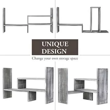 MyGift Adjustable Distressed Gray Solid Wood Desktop Storage Organizer Display Shelf Book Rack, Office Desk Bookshelf