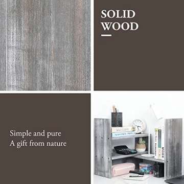 MyGift Adjustable Distressed Gray Solid Wood Desktop Storage Organizer Display Shelf Book Rack, Office Desk Bookshelf