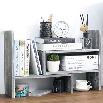 MyGift Adjustable Distressed Gray Solid Wood Desktop Storage Organizer Display Shelf Book Rack, Office Desk Bookshelf