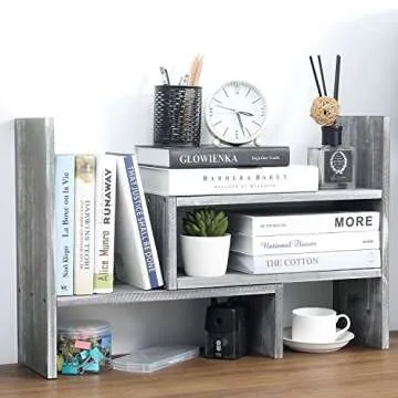 MyGift Adjustable Distressed Gray Solid Wood Desktop Storage Organizer Display Shelf Book Rack, Office Desk Bookshelf