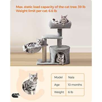 Feandrea Cat Tree, Small Cat Tower, Cat Condo, Kitten Activity Center with Scratching Post, Basket, Cave, Light Gray UPCT59W