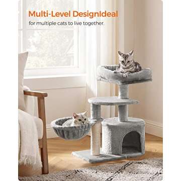 Feandrea Cat Tree, Small Cat Tower, Cat Condo, Kitten Activity Center with Scratching Post, Basket, Cave, Light Gray UPCT59W