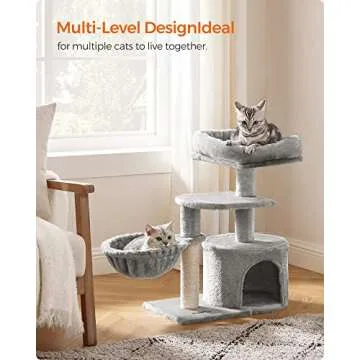 Feandrea Cat Tree, Small Cat Tower, Cat Condo, Kitten Activity Center with Scratching Post, Basket, Cave, Light Gray UPCT59W