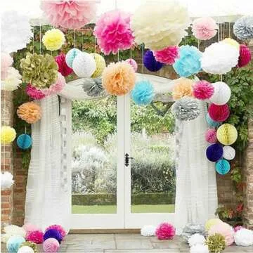 Aimto 12pcs Rainbow Paper Pom Poms Decorations for Party Ceiling Wall Hanging Tissue Flowers Decorations - 6 Colors of 12 Inch, 10 Inch