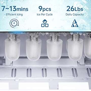 Portable Ice Maker for Countertop, 9 Ice Cube Ready in 7 Mins, 26 lbs in 24 hrs, Ice Maker Machine with Basket and Scoop for Home Bar Office Dorm Camping RV Parties Drinks, 2 Size Bullet Ice