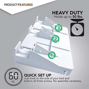 Modern Innovations Bedside Shelf for Bed, College Dorm Room, Bunk Bed Shelf/Caddy for Top Bunk, Clip On Nightstand Tray with Cord and Cup Holder for Table Storage (White)