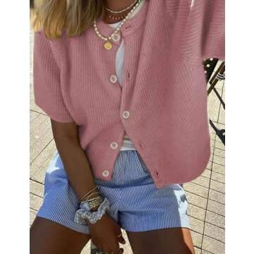 SCUSTY Women's Lightweight Cardigan Short Sleeve Button-Down Summer Cardigan Sweater(Pink-XS)
