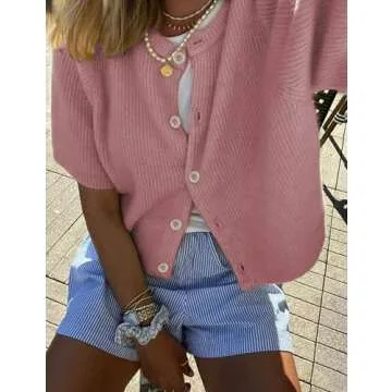 SCUSTY Women's Lightweight Cardigan Short Sleeve Button-Down Summer Cardigan Sweater(Pink-XS)