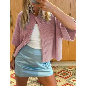 SCUSTY Women's Lightweight Cardigan Short Sleeve Button-Down Summer Cardigan Sweater(Pink-XS)