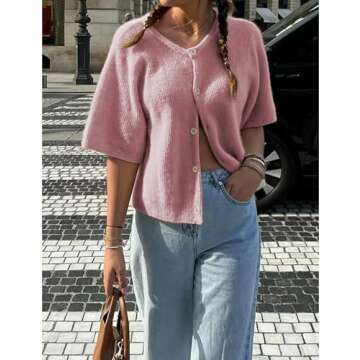 SCUSTY Women's Lightweight Cardigan Short Sleeve Button-Down Summer Cardigan Sweater(Pink-XS)