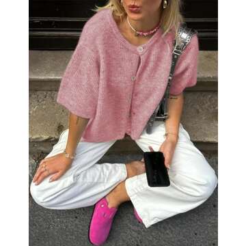 SCUSTY Women's Lightweight Cardigan Short Sleeve Button-Down Summer Cardigan Sweater(Pink-XS)