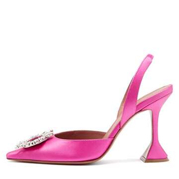Arqa Satin Slingback Heels for Women Crystal Pointed Toe High Heels Wedding Bride Pink Pumps Shoes