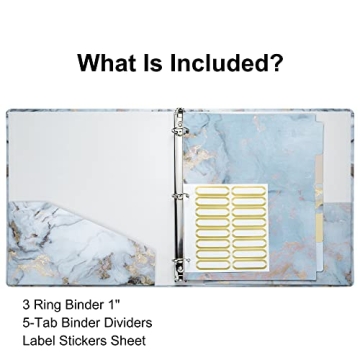 NELOVI Cute Binders! Decorative Hardcover 3 Ring Binder 1 Inch (Letter-Size) with 5-Tab Dividers and File Folder Labels. White Marble Three Ring Binder for Cute School Supplies and Office Supplies