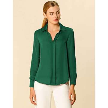 Allegra K Women's Satin Blouse Elegant V Neck Long Sleeve Silky Dressy Office Work Shirt 2024 Medium Green