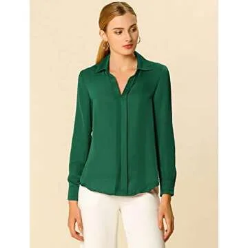 Allegra K Women's Satin Blouse Elegant V Neck Long Sleeve Silky Dressy Office Work Shirt 2024 Medium Green