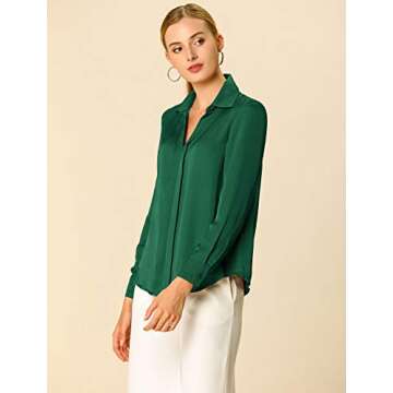 Allegra K Women's Satin Blouse Elegant V Neck Long Sleeve Silky Dressy Office Work Shirt 2024 Medium Green