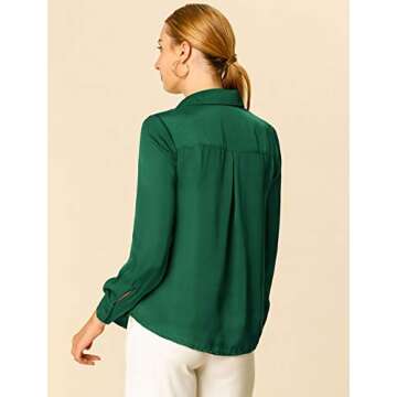 Allegra K Women's Satin Blouse Elegant V Neck Long Sleeve Silky Dressy Office Work Shirt 2024 Medium Green
