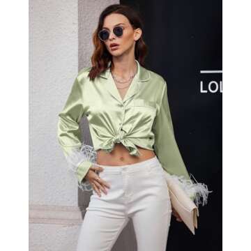 Ekouaer Women's Bridal Feather Trim Silk Satin Pajama Set Long Sleeve Lounge Sets Sleepwear (Removable Feather) Light Green Small