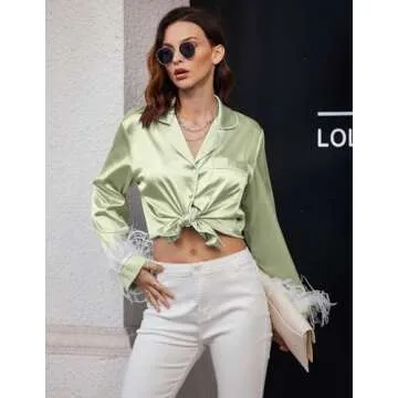 Ekouaer Women's Bridal Feather Trim Silk Satin Pajama Set