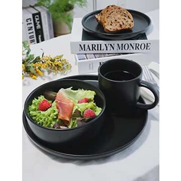 Famiware Dinnerware Set, 16 Piece Dishes Set, Plates and Bowls Set for 4, Black Matte…