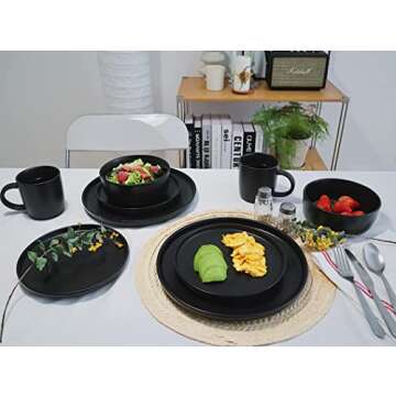Famiware Dinnerware Set, 16 Piece Dishes Set, Plates and Bowls Set for 4, Black Matte…