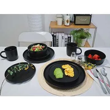 Famiware Dinnerware Set, 16 Piece Dishes Set, Plates and Bowls Set for 4, Black Matte…