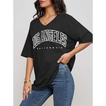 ATHMILE Women's Oversized T Shirts Graphic Tees Letter Print Casual Trendy Summer Tops
