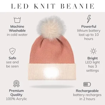 LED POM POM Beanie with Rechargeable Light - Blush Cream