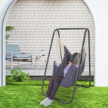 YUCAN Hammock Chair Stand with Hanging Swing Chair Included,Weather Resistant and Saving Space Stand Max 450 Lbs, Quality Cotton Weave Wrap Whole,Suitable for Indoor Outdoor Patio Yard（Grey） Patented