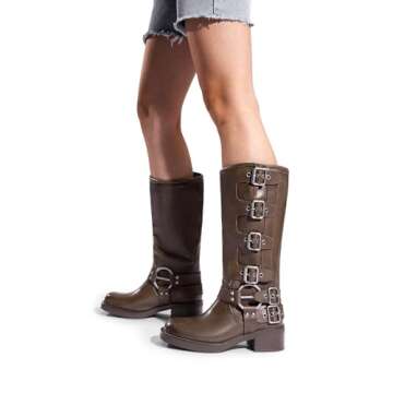 DREAM PAIRS Women's Knee High Riding Boots Slip On Motorcycle Boots Square Toe Chunky Heel Fashion Buckles Biker Boots,Size 8,TAN,SDKB2416W