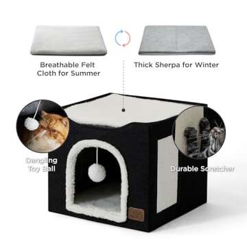 Bedsure Cat Beds for Indoor Cats - Large Cat Cave for Pet Cat House with Fluffy Ball Hanging and Scr...