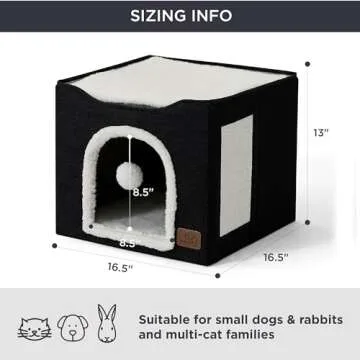 Bedsure Cat Beds for Indoor Cats - Large Cat Cave for Pet Cat House with Fluffy Ball Hanging and Scratch Pad, Foldable Cat Hideaway,16.5x16.5x13 inches, Black