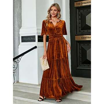 Amegoya Women's Velvet Short Sleeve V Neck Formal Wedding Guest Maxi Dresses Fall Evening Party Long...