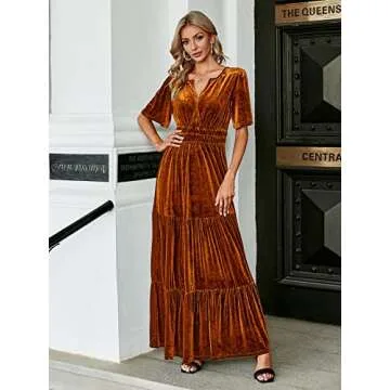 Amegoya Women's Velvet Short Sleeve V Neck Maxi Dress