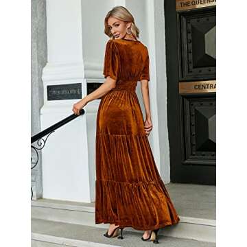 Amegoya Women's Velvet Short Sleeve V Neck Formal Wedding Guest Maxi Dresses Fall Evening Party Long Dresses（M Earthy Orange）