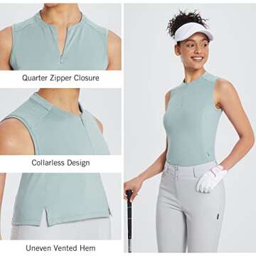 BALEAF Womens Sleeveless Golf Shirt Quarter Zip Side Pocket Lightweight Quick Dry Collarless Tank Tops Tennis Light Green M