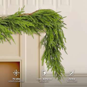 WBHome 6ft Pre-lit Real Touch Norfolk Pine Prelit Christmas Garland, Winter Greenery Garland for Chr...