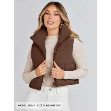 MEROKEETY Women's Casual Sleeveless Puffer Jacket Vest Stand Collar Padded Gilet Coat with Zipper,Coffee,S