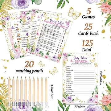 Sinmoe 145 Pieces Baby Shower Games 5 Games Set Baby Shower Games Activities with 20 Pencils Funny Baby Shower Games Include Baby Descriptions and Wishes, Guess Who, Bingo Game(Butterfly)
