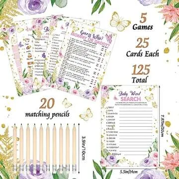 Sinmoe 145 Pieces Baby Shower Games 5 Games Set Baby Shower Games Activities with 20 Pencils Funny Baby Shower Games Include Baby Descriptions and Wishes, Guess Who, Bingo Game(Butterfly)