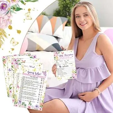 Sinmoe 145 Pieces Baby Shower Games 5 Games Set Baby Shower Games Activities with 20 Pencils Funny Baby Shower Games Include Baby Descriptions and Wishes, Guess Who, Bingo Game(Butterfly)