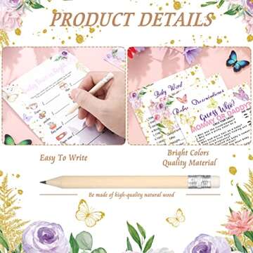 Sinmoe 145 Pieces Baby Shower Games 5 Games Set Baby Shower Games Activities with 20 Pencils Funny Baby Shower Games Include Baby Descriptions and Wishes, Guess Who, Bingo Game(Butterfly)