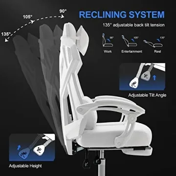 GTRACING Gaming Chair, Computer Chair with Mesh Back, Ergonomic Gaming Chair with Footrest, Reclining Gamer Chair with Adjustable Headrest and Lumbar Support for Gaming and Office (White)