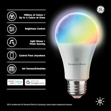 GE CYNC Dynamic Effects A19 Color Changing Light Bulbs with Music Sync, RGB LED Light Bulb, Room Dé...